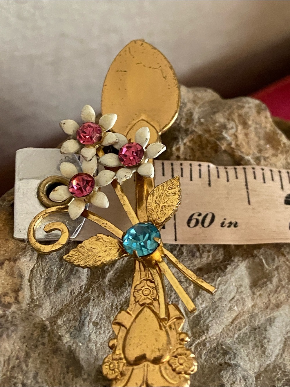 Vintage 50s Coro Spoon Enamel & Rhinestoned Flowers Broach - Picture 5 of 5